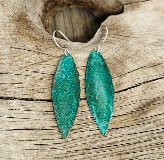 Green Leaves, Patinated Copper Leaf Earrings with Argentium Silver Earwires