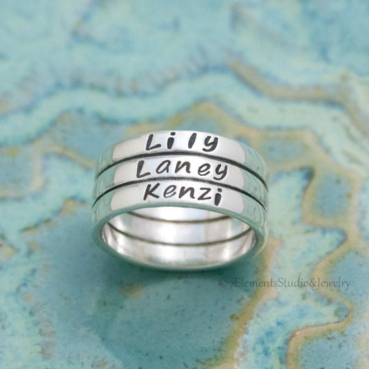 Sterling Silver Tube Ring, Triple Mother's Ring, Contract Ring, Stacked Name Ring