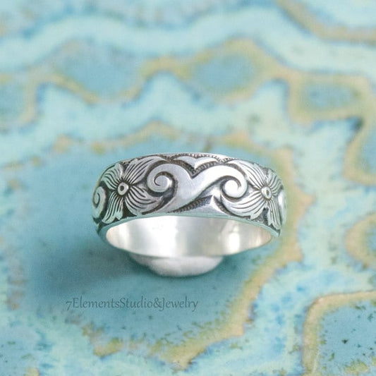 Kai Ring, Waves and Flowers Sterling Silver Ring for Men and Women