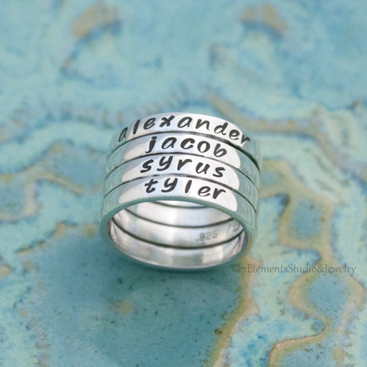 Sterling Tube Ring, Stacked Name Ring, Mother's Ring, Personalized Ring, 4 Tier Name Ring