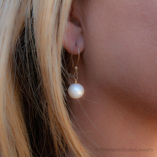 Short 14K Gold Fill Earrings with Round White Pearls