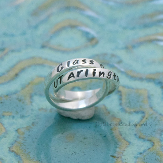 Sterling Silver Graduation Ring,  Interlocking Silver Class Ring, Personalized Rolling Rings for Graduation