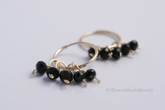 14K Solid Gold Endless Hoop Earrings with Faceted Black Spinel Gemstones