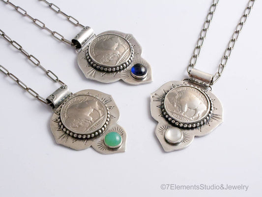 Buffalo Gal Necklace, Sterling Silver Necklace with Buffalo Nickel and Gemstone
