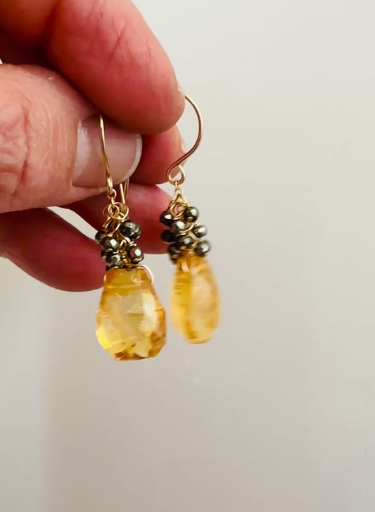 Citrine Sway Earrings with Pyrite Clusters and 14K Gold Fill Earwires, Citrine Gemstone and Pyrite Drop Earrings