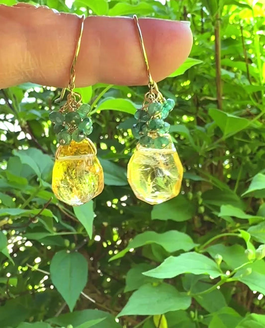 Citrine Sway Earrings with Emerald Clusters and 14K Gold Fill Earwires, Citrine and Emerald Gemstone Drop Earrings