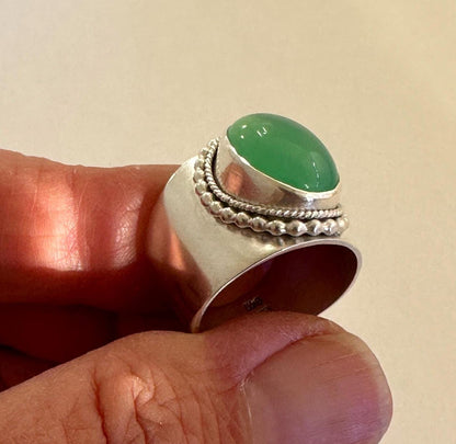 Sterling Silver and Chrysoprase Ring, Apple Green Chrysoprase Cabochon Statement Ring, Luminous Green Australian Chrysoprase Ring