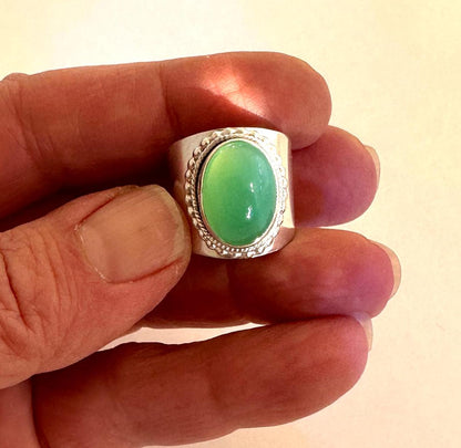 Sterling Silver and Chrysoprase Ring, Apple Green Chrysoprase Cabochon Statement Ring, Luminous Green Australian Chrysoprase Ring