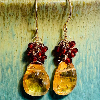 Citrine Sway Earrings with Red Garnet Clusters and 14K Gold Fill Earwires, Citrine and Garnet Gemstone Drop Earrings