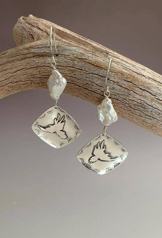 Red Tail Hawk Earrings, Argentium Silver Earrings with Hawk Silhouette and Keshi Pearls