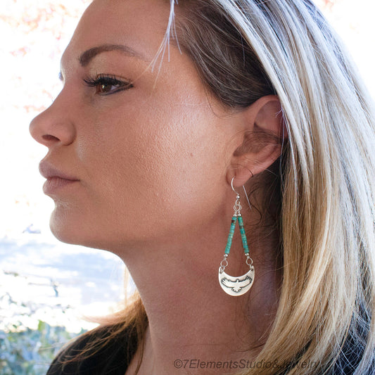 Silver Eagle and Turquoise Earrings, Argentium Silver Crescent Shaped Earrings
