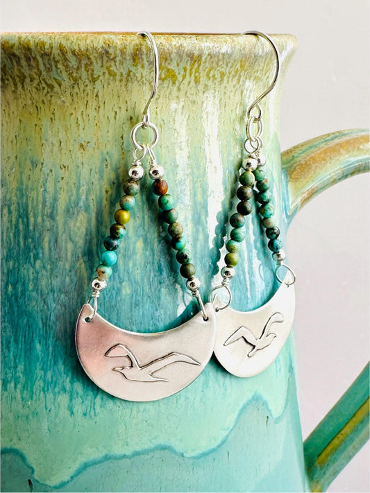 Seagulls in Flight Earrings, Argentium Silver Crescent Earrings with Seagull Silhouettes and Turquoise Beads