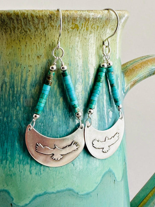 Silver Eagle and Turquoise Earrings, Argentium Silver Crescent Shaped Earrings