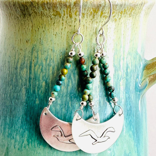 Seagulls in Flight Earrings, Argentium Silver Crescent Earrings with Seagull Silhouettes and Turquoise Beads