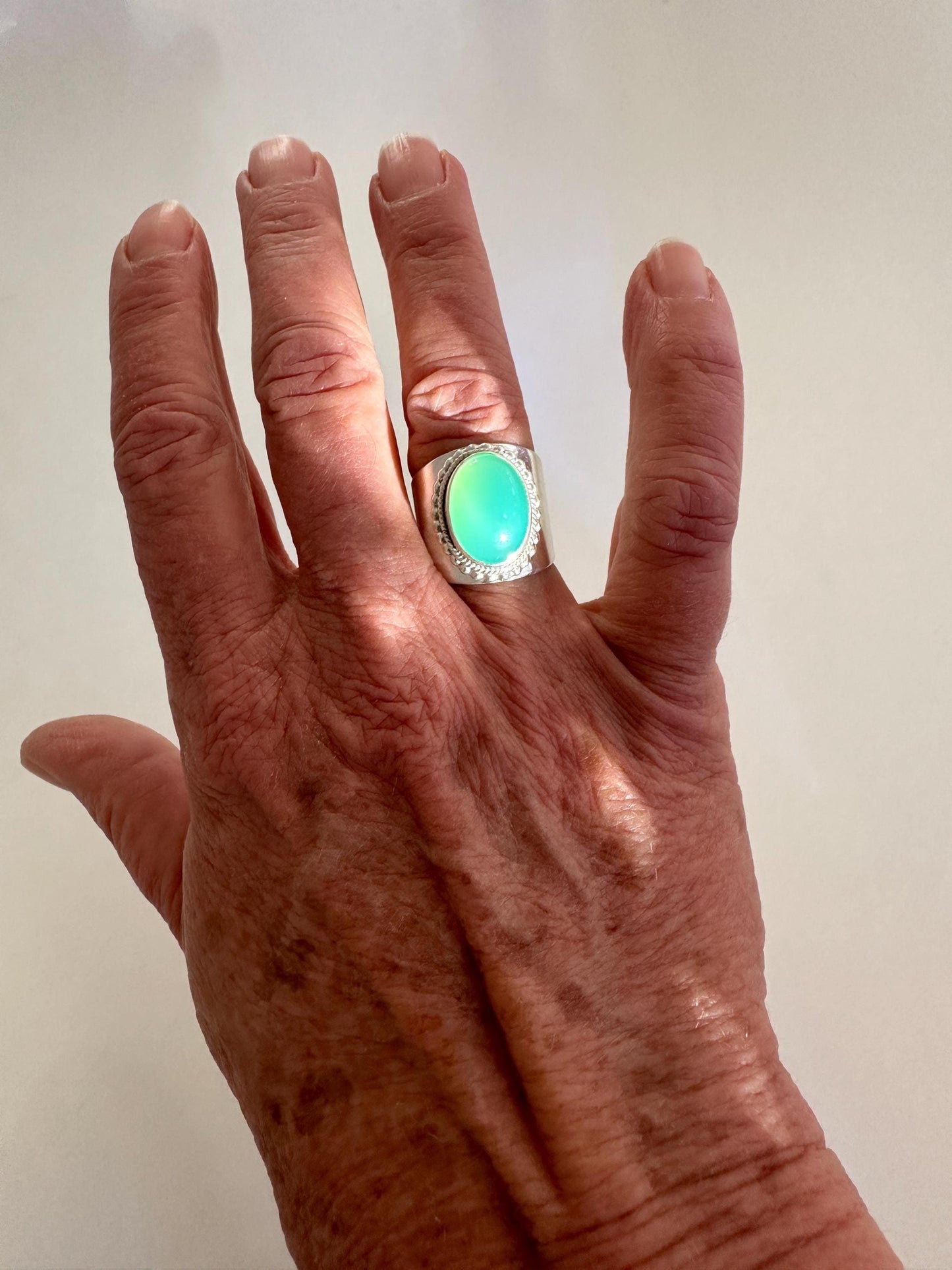 Sterling Silver and Chrysoprase Ring, Apple Green Chrysoprase Cabochon Statement Ring, Luminous Green Australian Chrysoprase Ring