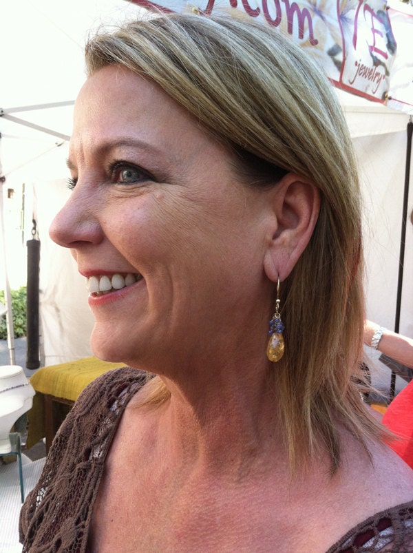 Citrine Sway Earrings with Tanzanite Clusters and 14K Gold Fill Earwires, Citrine and Tanzanite Gemstone Drop Earrings