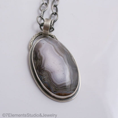 Sierra Madre Agate and Sterling Silver Necklace, Long Adjustable Purple Passion Pendant Necklace