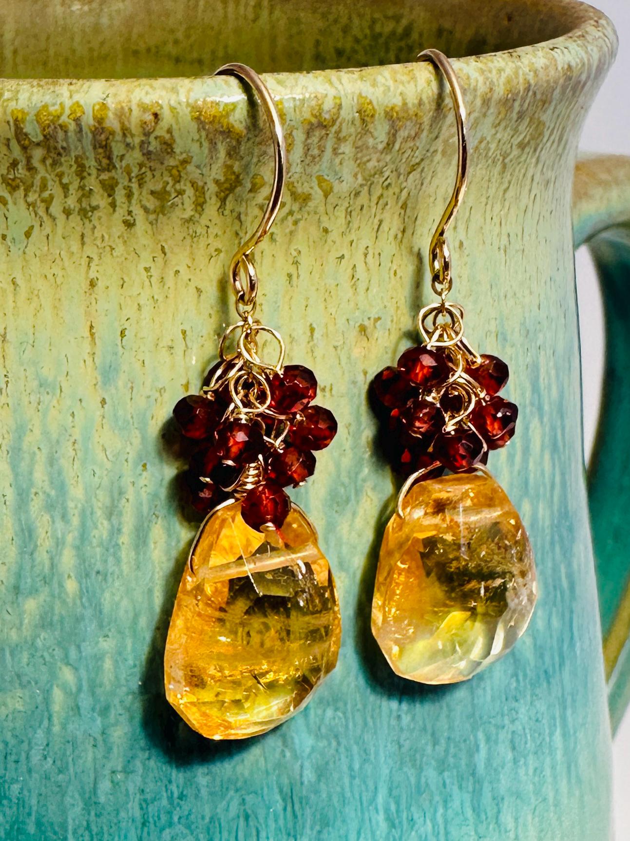Citrine Sway Earrings with Red Garnet Clusters and 14K Gold Fill Earwires, Citrine and Garnet Gemstone Drop Earrings