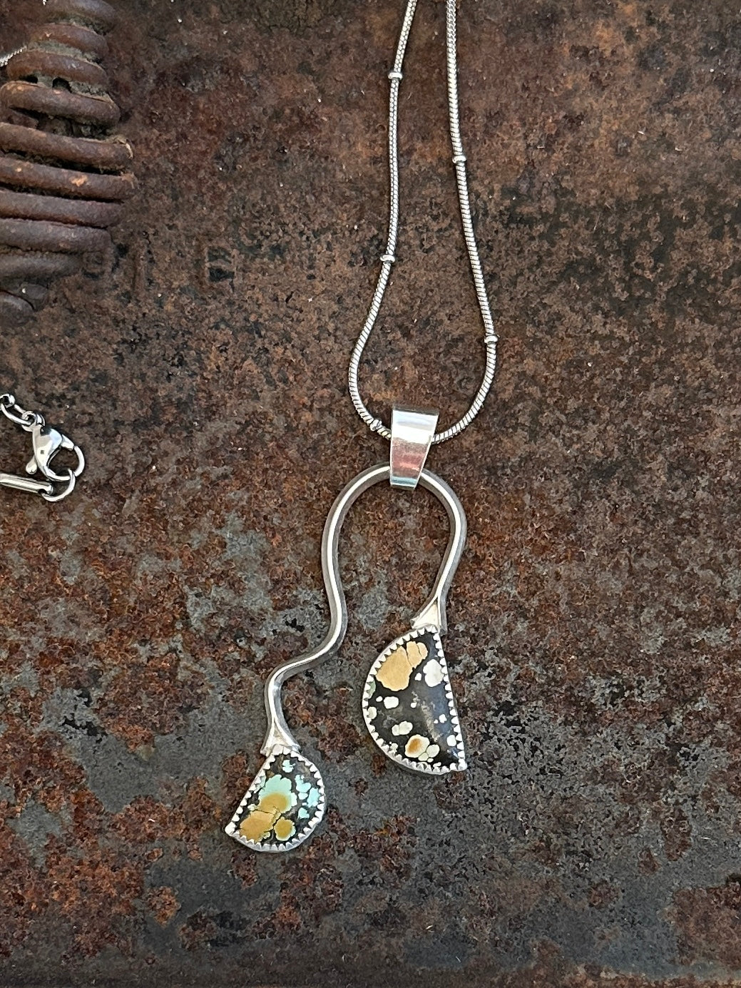 Curvy Sterling Silver Pendant Necklace with Giraffe Turquoise Half Moons