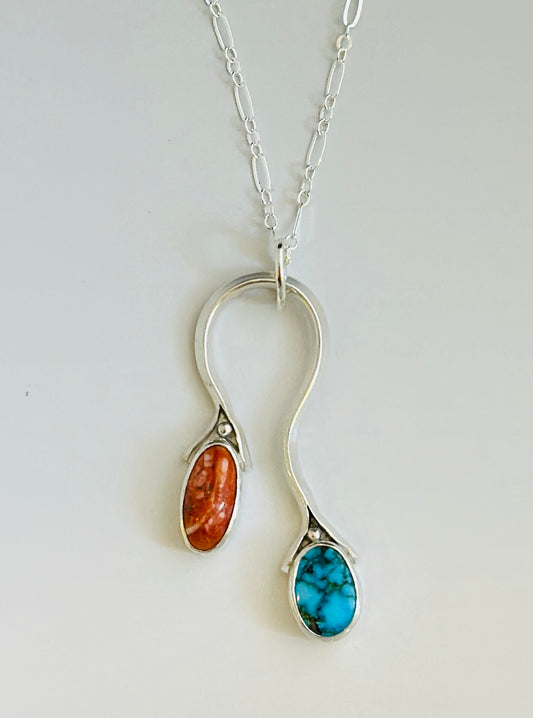 Sterling Silver Pendant Necklace, Serpentine Pendant with Turquoise and Spiny Oyster Shell