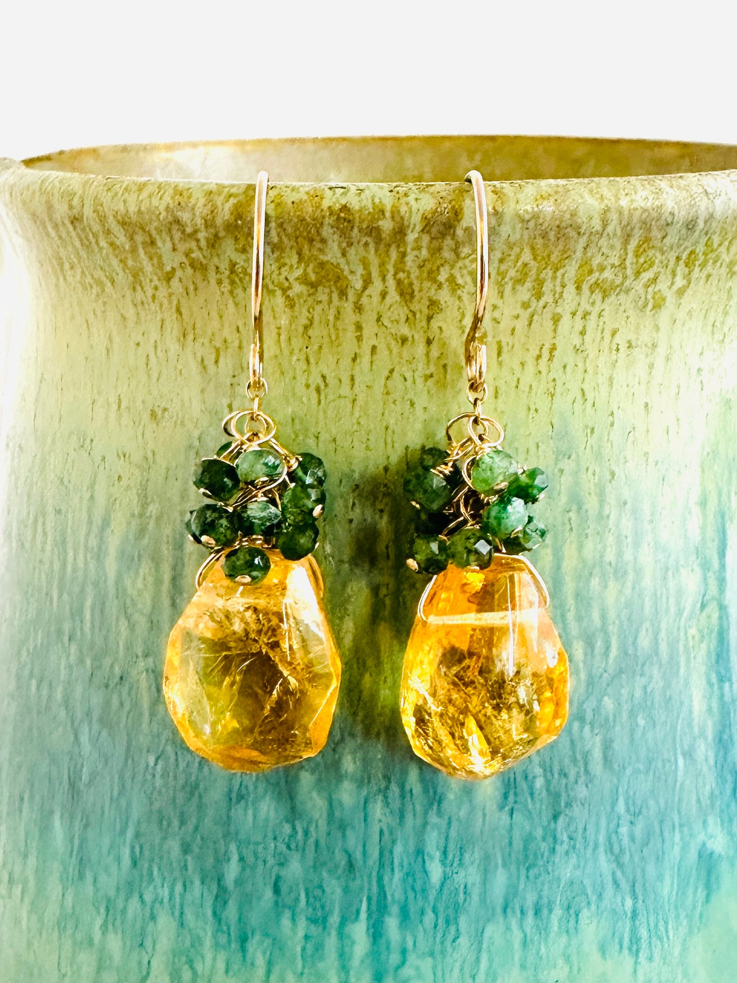 Citrine Sway Earrings with Emerald Clusters and 14K Gold Fill Earwires, Citrine and Emerald Gemstone Drop Earrings