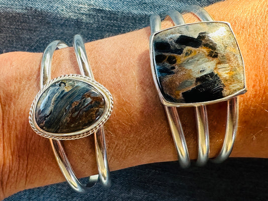 Sterling Silver Cuff Bracelets with Pietersite, Size Small/Medium