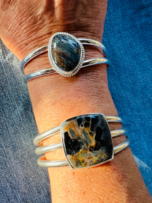 Sterling Silver Cuff Bracelets with Pietersite, Size Small/Medium