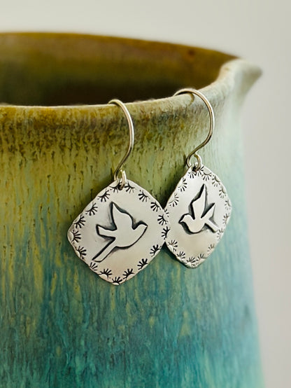 Mountain Bluebird Stamped and Fused Argentium Silver Earrings