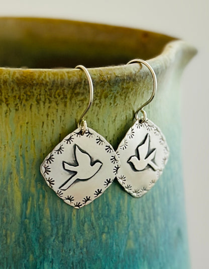 Mountain Bluebird Stamped and Fused Argentium Silver Earrings