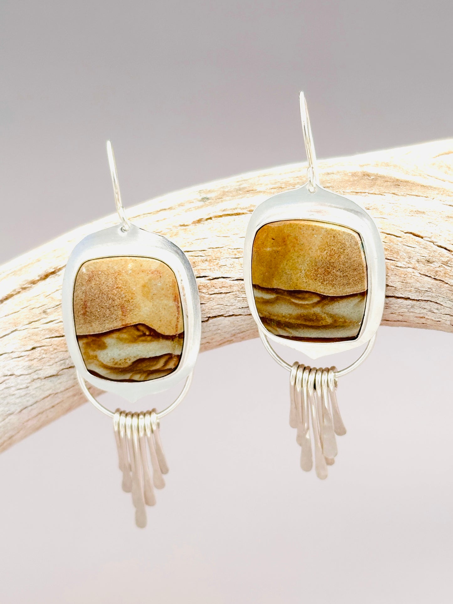Desert Scene Earrings with Silver Fringe, Sterling Silver and Picture Jasper Earrings
