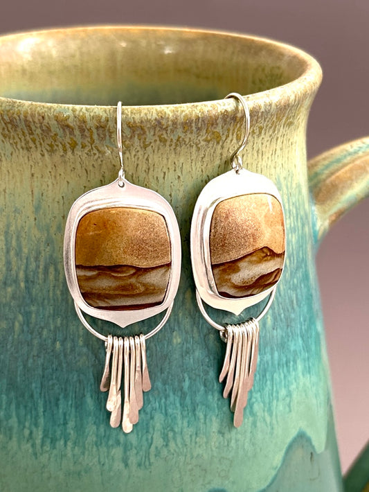 Desert Scene Earrings with Silver Fringe, Sterling Silver and Picture Jasper Earrings