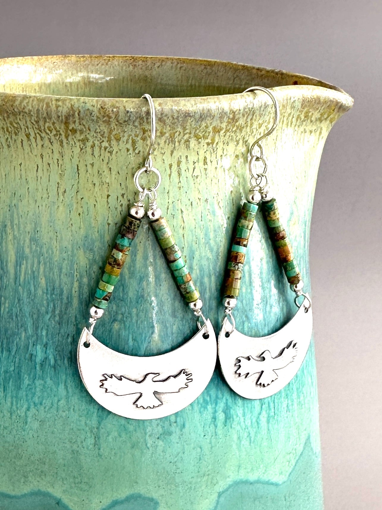 Silver Crescent Eagles and Green Turquoise Earrings