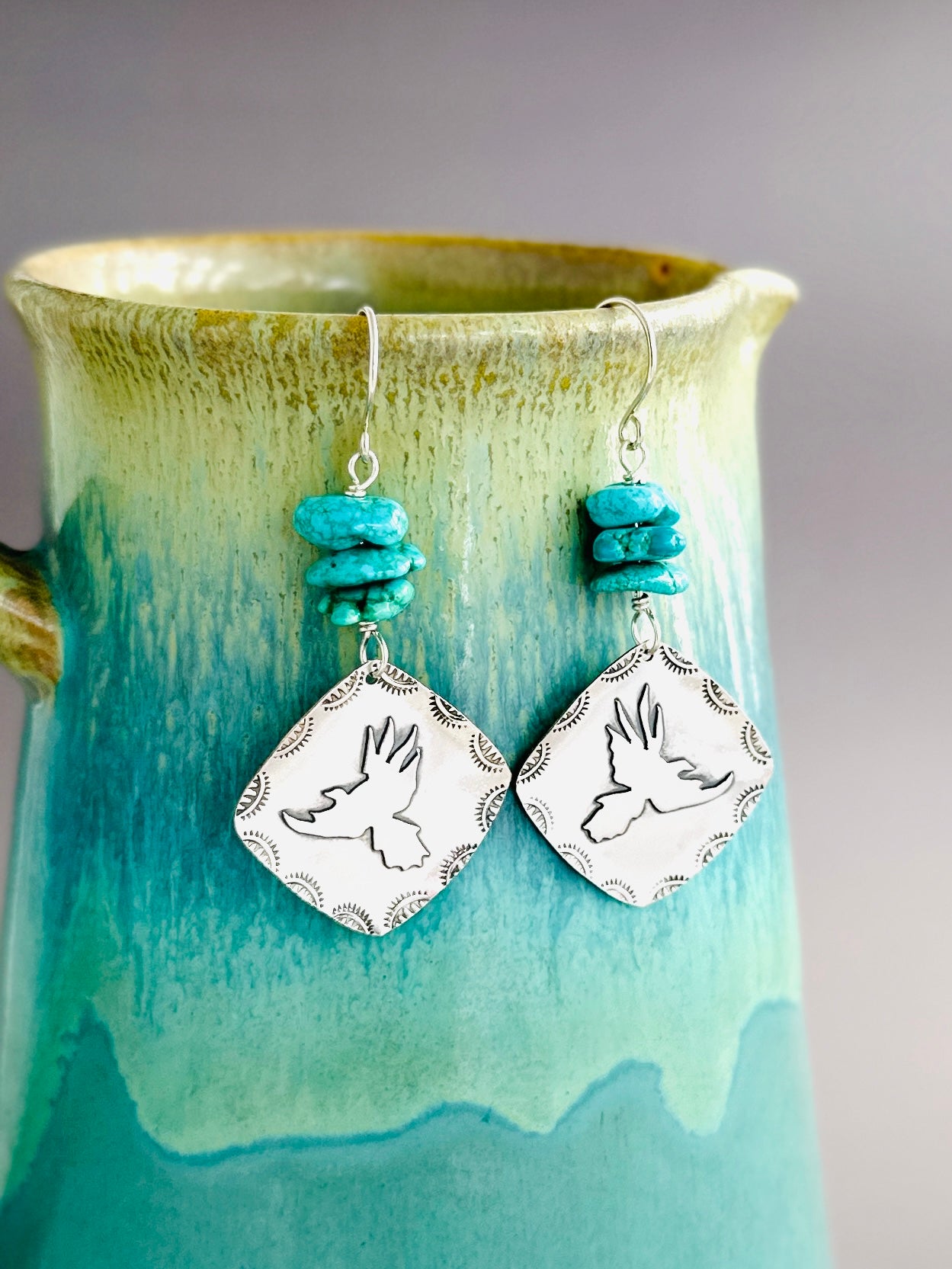 Red Tail Hawk Earrings, Argentium Silver Earrings with Hawk Silhouette and Turquoise