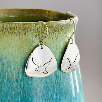 Seagull Silhouette Earrings, Fused Argentium Silver Earrings