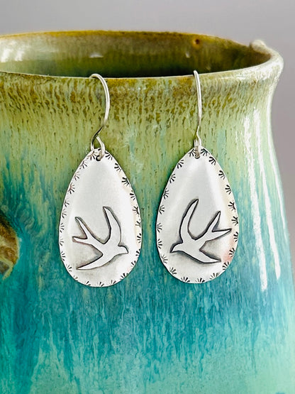Fused Argentium Silver Barn Swallow Earrings