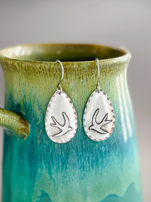 Fused Argentium Silver Barn Swallow Earrings