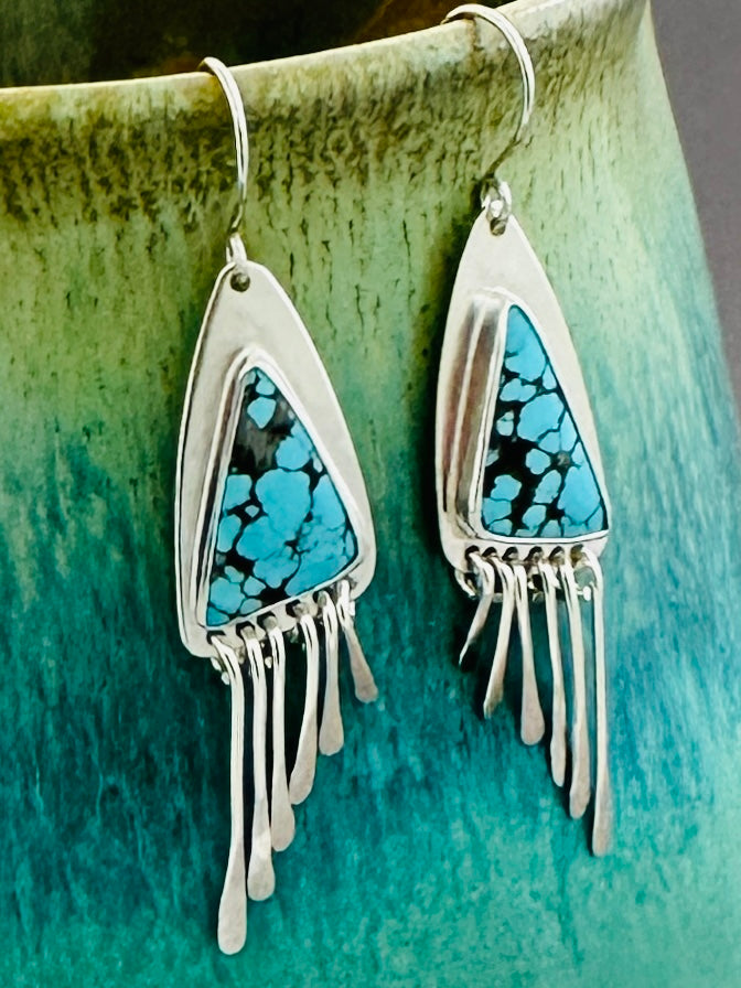 #8 Turquoise Earrings with Argentium Silver Paddle Fringe