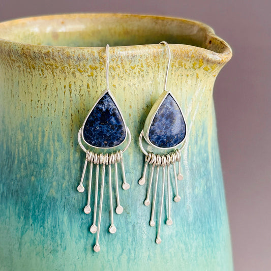 Dumortierite and Sterling Silver Fringe Earrings