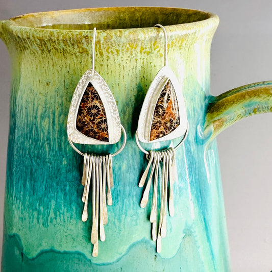 Fossilized Coral Earrings with Hammered Argentium Silver Fringe