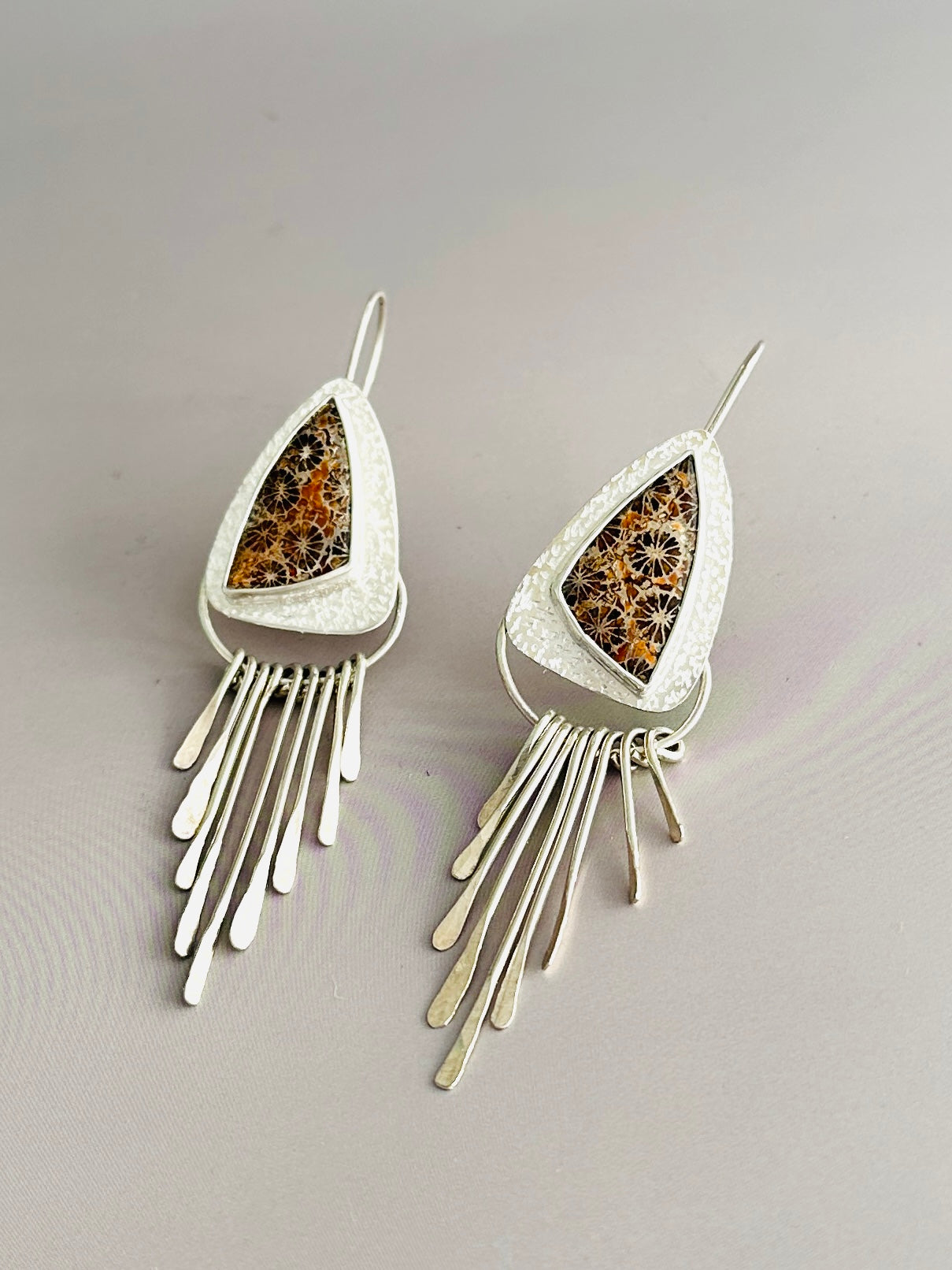 Fossilized Coral Earrings with Hammered Argentium Silver Fringe