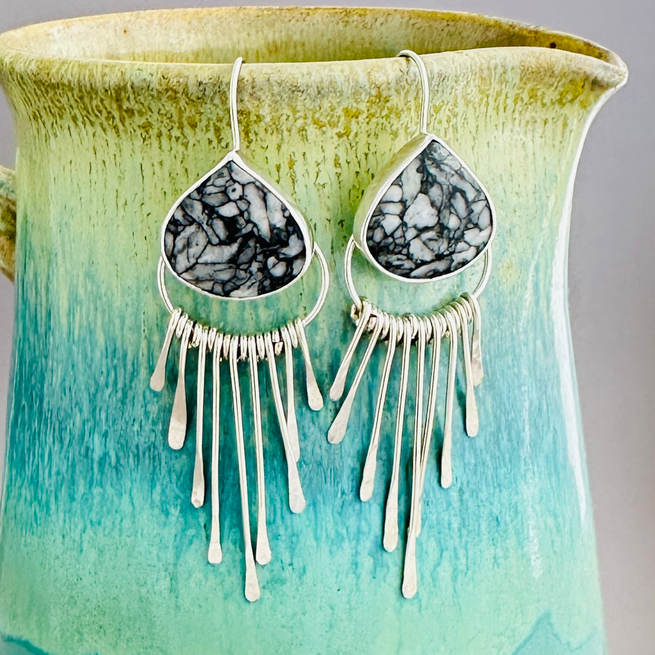 Pinolite and Argentium Sterling Silver Fringed Earrings