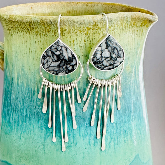 Pinolite and Argentium Sterling Silver Fringed Earrings