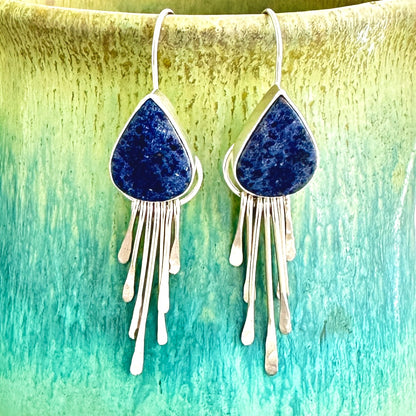 Dumortierite and Sterling Argentium Silver Fringe Earrings