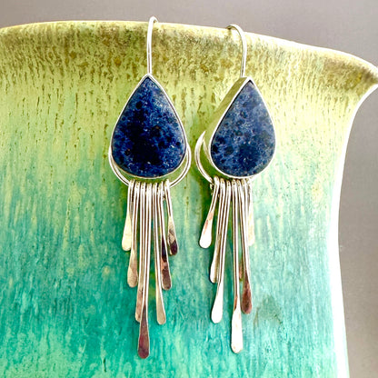 Dumortierite and Sterling Argentium Silver Fringe Earrings