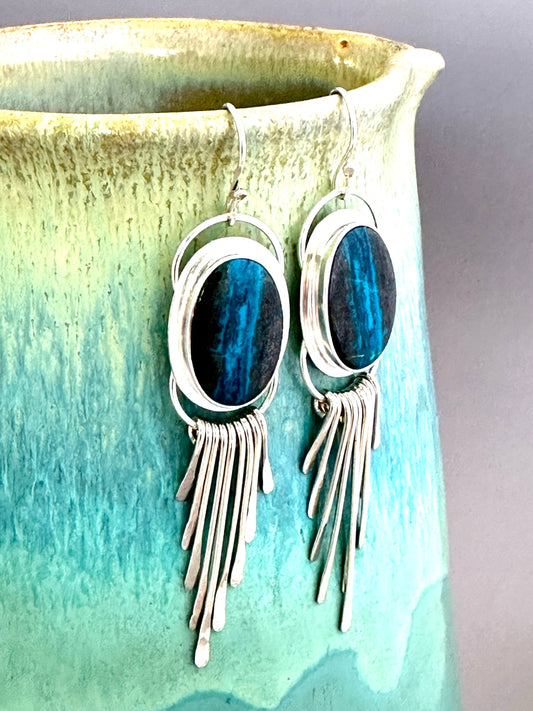 Shattuckite Ribbon and Sterling Argentium Silver Fringe Earrings