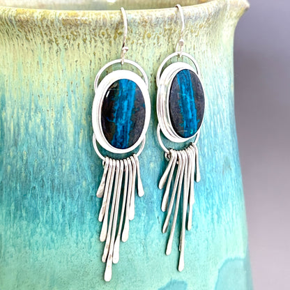 Shattuckite Ribbon and Sterling Argentium Silver Fringe Earrings