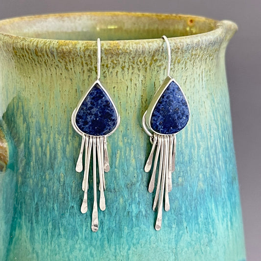 Dumortierite and Sterling Argentium Silver Fringe Earrings