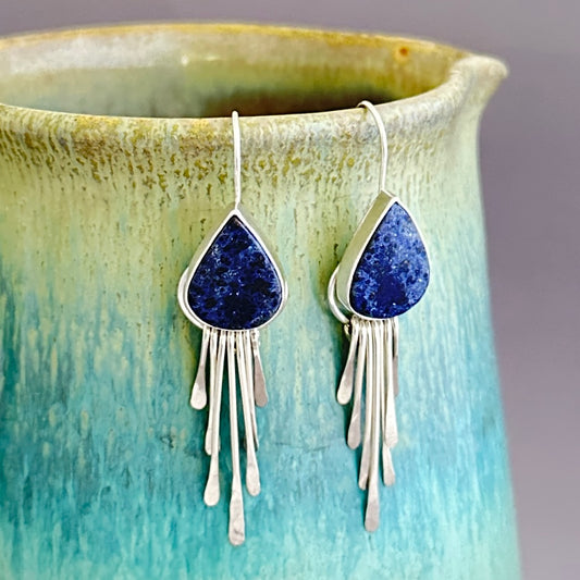 Dumortierite and Sterling Argentium Silver Fringe Earrings