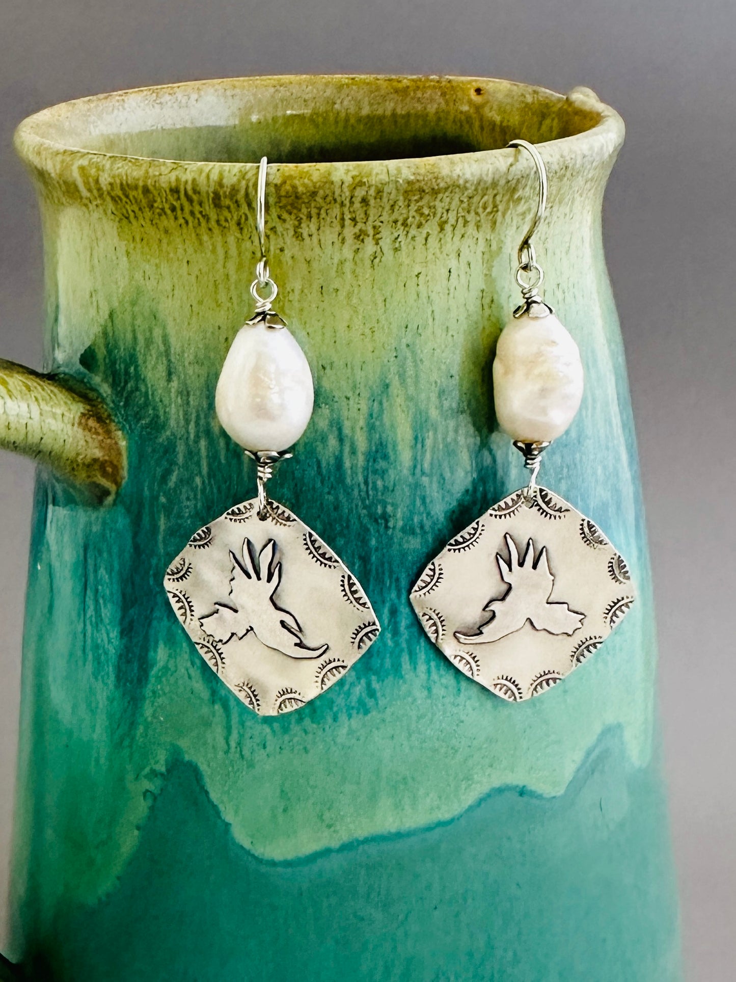 Red-Tailed Hawk Fused Argentium Silver Earrings with Baroque Pearls