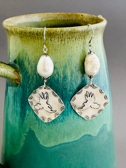 Red-Tailed Hawk Fused Argentium Silver Earrings with Baroque Pearls